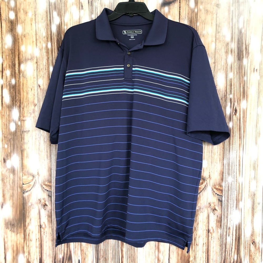 Pebble Beach Performance Men's Golf Polo Navy Blue Striped Short Sleeve